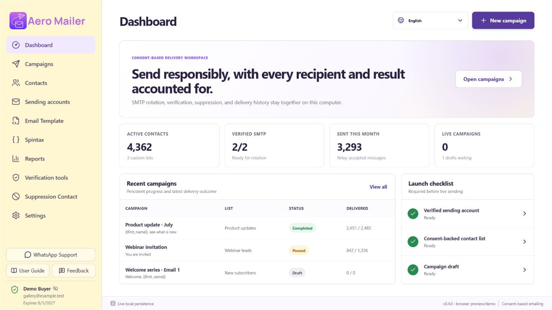 AeroMailer desktop email campaign workspace with sending and reporting tools