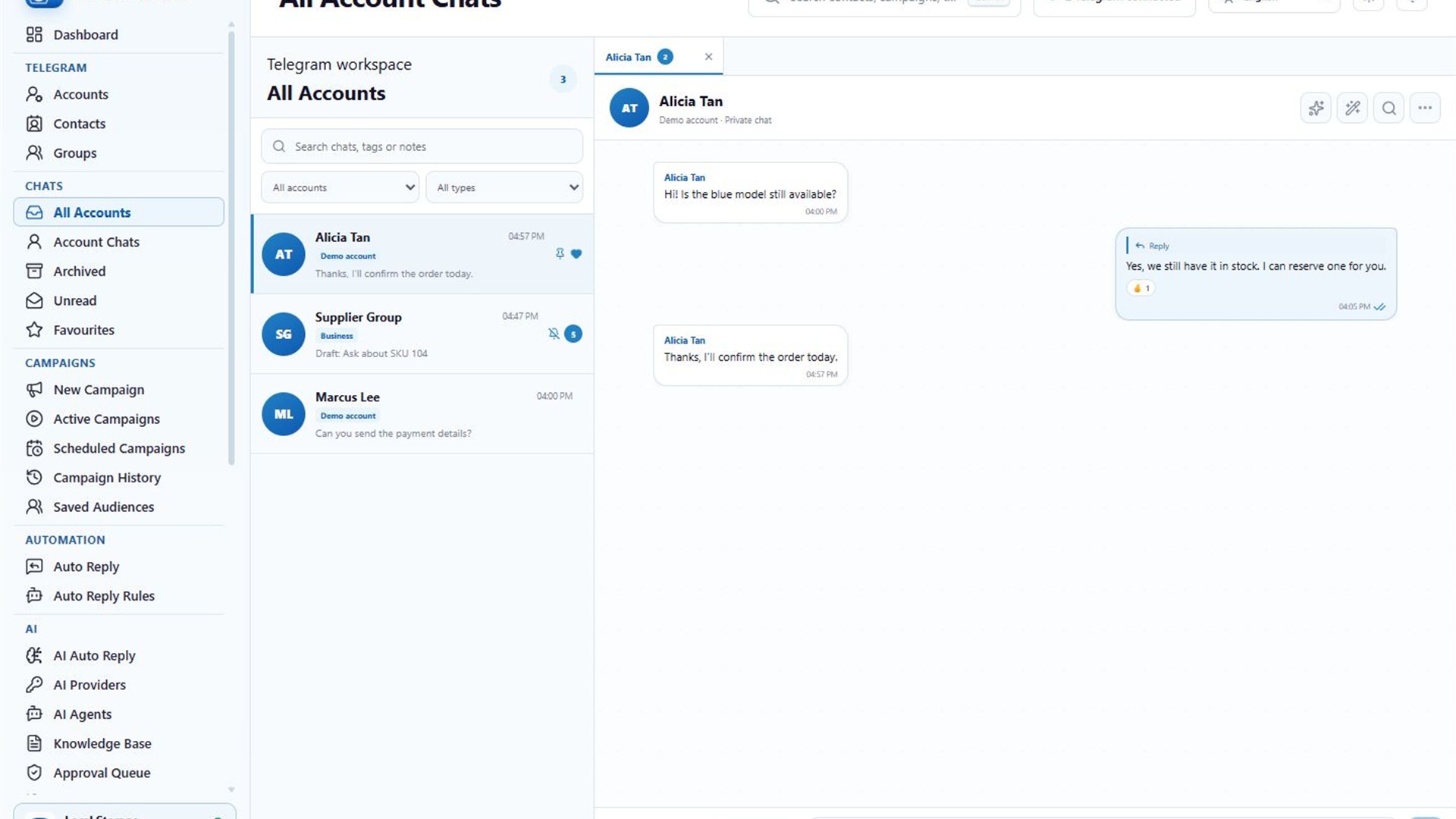 TGBotSender Telegram desktop workspace showing campaigns, contacts, chats, AI agents, and bot tools
