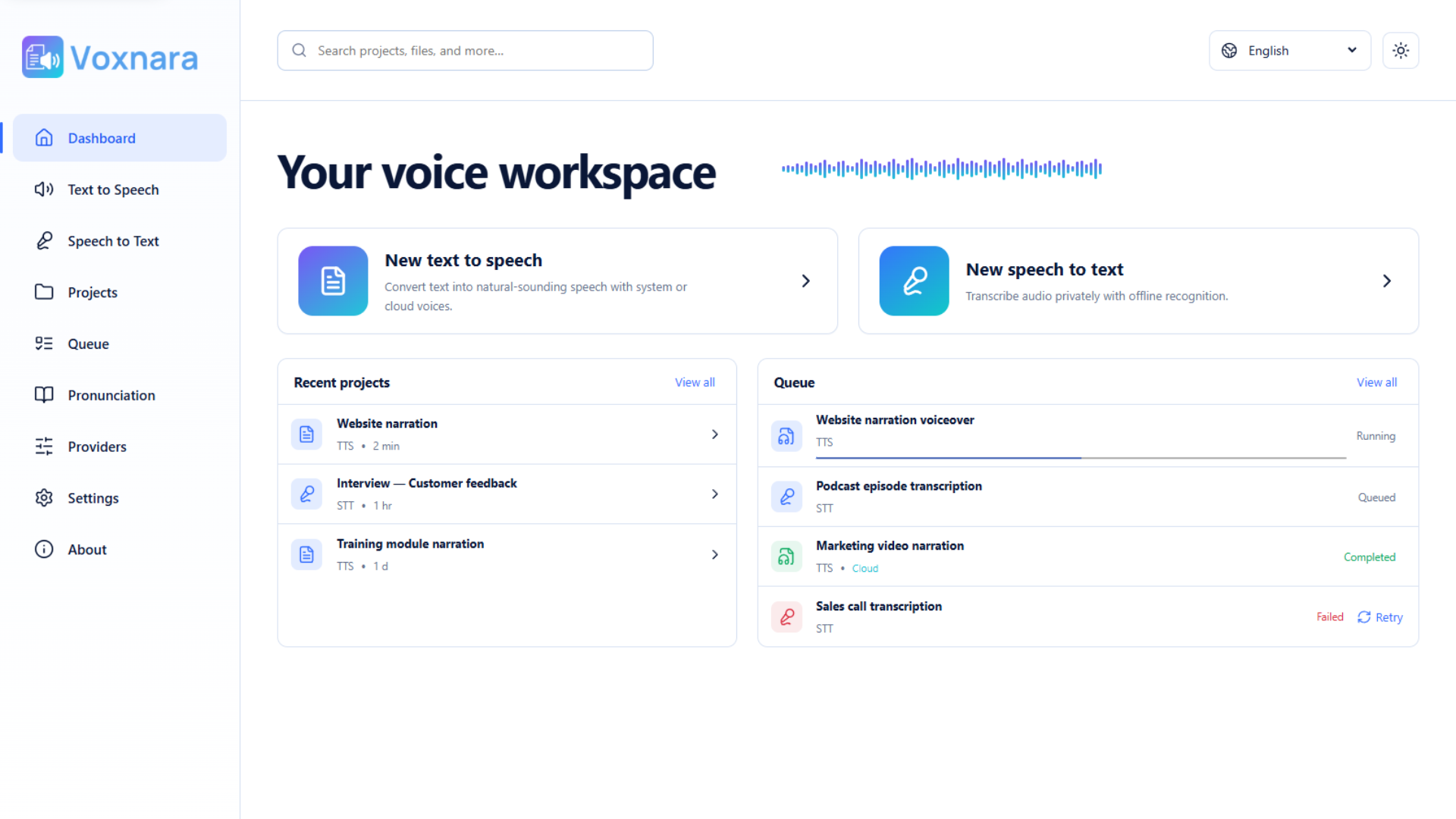 Voxnara desktop dashboard with text-to-speech, speech-to-text, projects, and processing queue